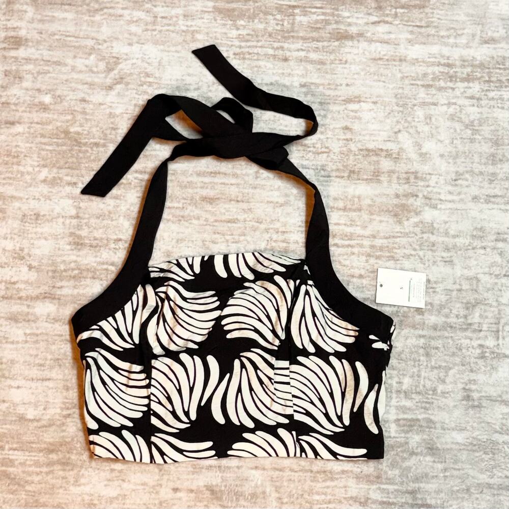 A New Day Women’s Small Tropical Crop Top Black Cream Halter Square Neck Resort
